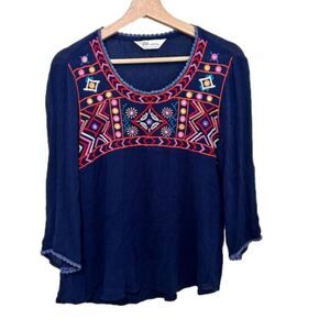 Bhama Couture Embroidered Top Womens Size L 3/4 Sleeve Gauze Cotton Multicolor